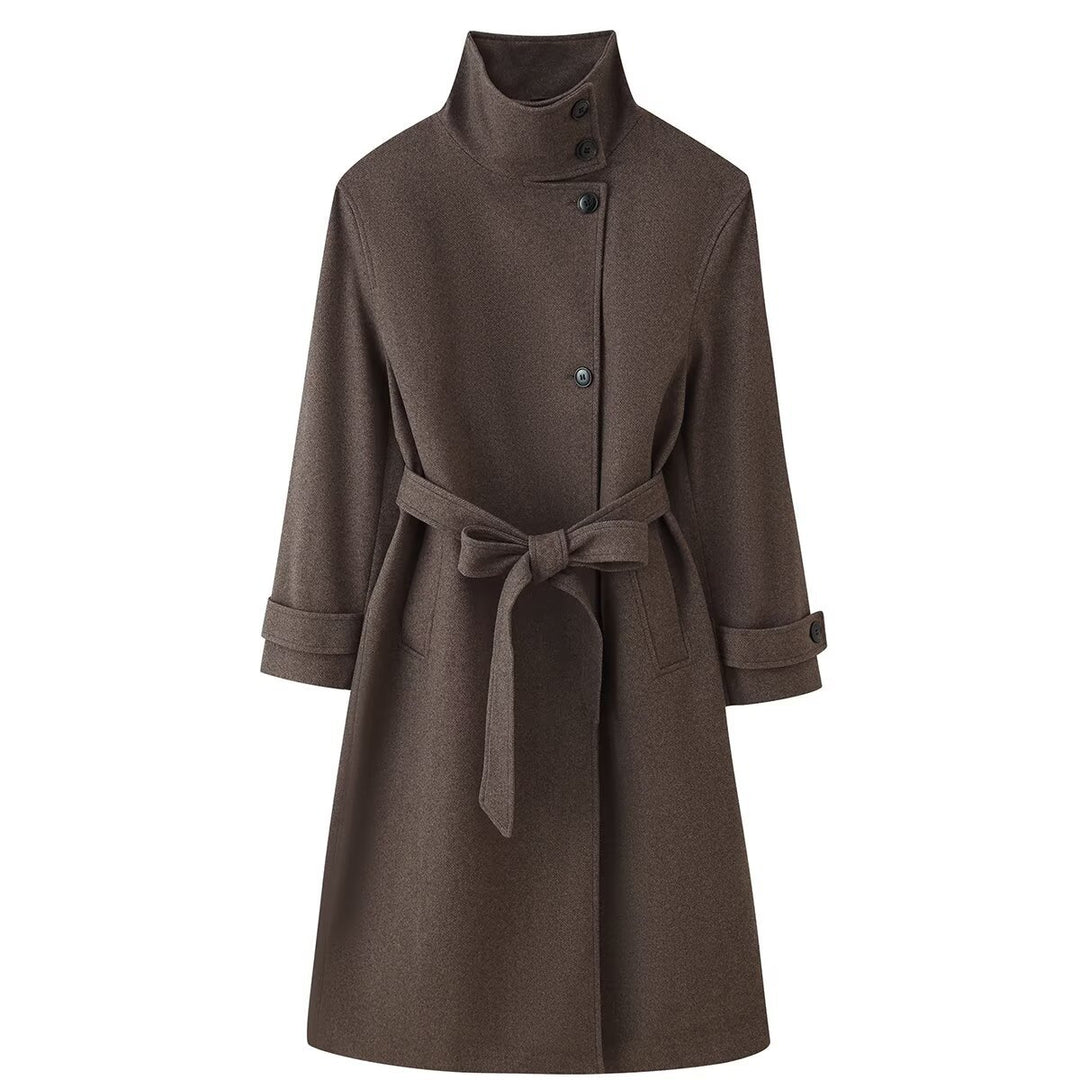 Damen Midilanger Wollmix-Mantel mit Stehkragen, asymmetrischer Knopfleiste und Taillengürtel Nord Taschen