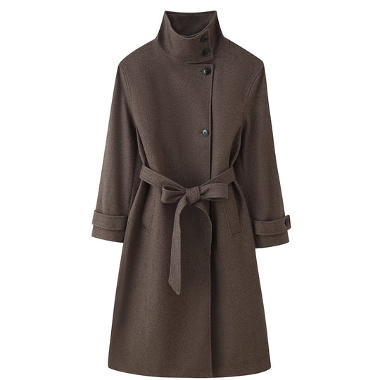 Damen Midilanger Wollmix-Mantel mit Stehkragen, asymmetrischer Knopfleiste und Taillengürtel Nord Taschen