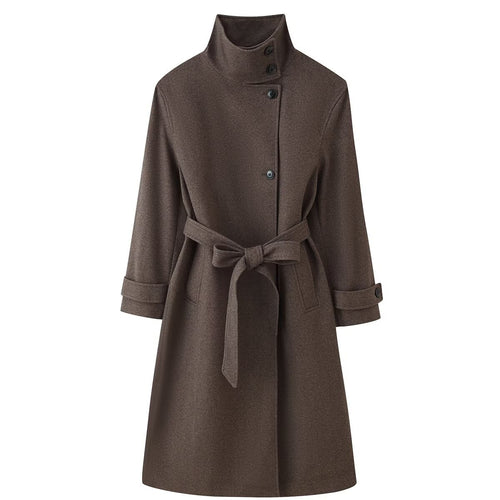Damen Midilanger Wollmix-Mantel mit Stehkragen, asymmetrischer Knopfleiste und Taillengürtel Nord Taschen
