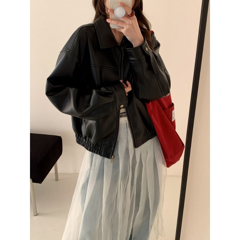 Damen Oversized Kunstleder Bomberjacke mit Reißverschluss Nord Taschen