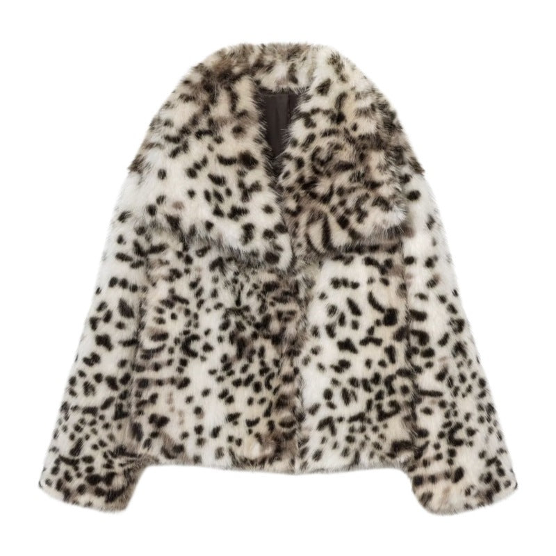 Damen Kurzjacke aus Kunstpelz im Snow-Leopard-Print mit weitem Revers Nord Taschen