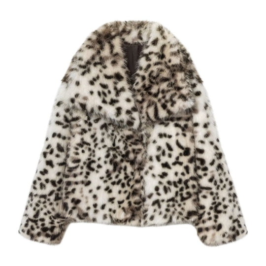 Damen Kurzjacke aus Kunstpelz im Snow-Leopard-Print mit weitem Revers Nord Taschen