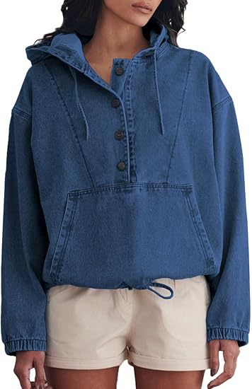 Damen Jeans-Halbanorak mit Kapuze, Kängurutasche und Tunnelzug Nord Taschen