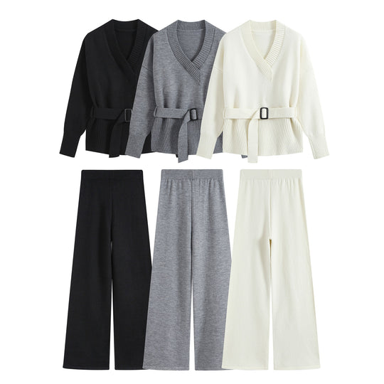 Damen Feiner Strickzweiteiler mit V‑Ausschnitt, Taillengürtel und weiter Bündchenhose Nord Taschen