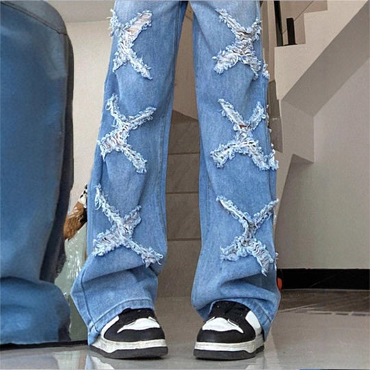 Damen Weite Denim-Jeans im Baggy-Stil mit dekorativen Fransenstern-Applikationen Nord Taschen