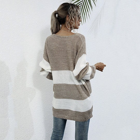 Damen Lässiger Strickpullover mit Blockstreifen Nord Taschen