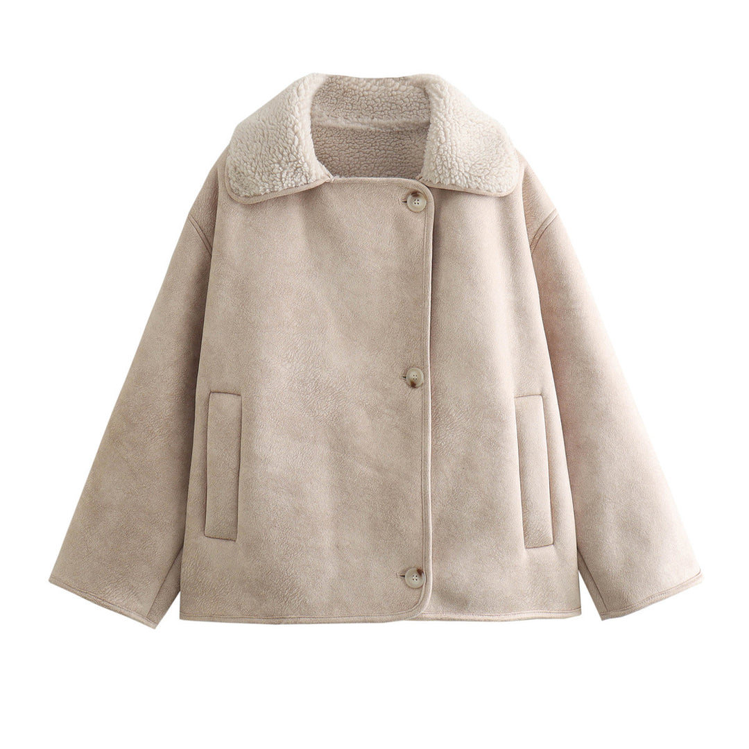 Damen Boxy-Jacke aus Faux-Shearling mit großem Teddykragen und Eingrifftaschen Nord Taschen