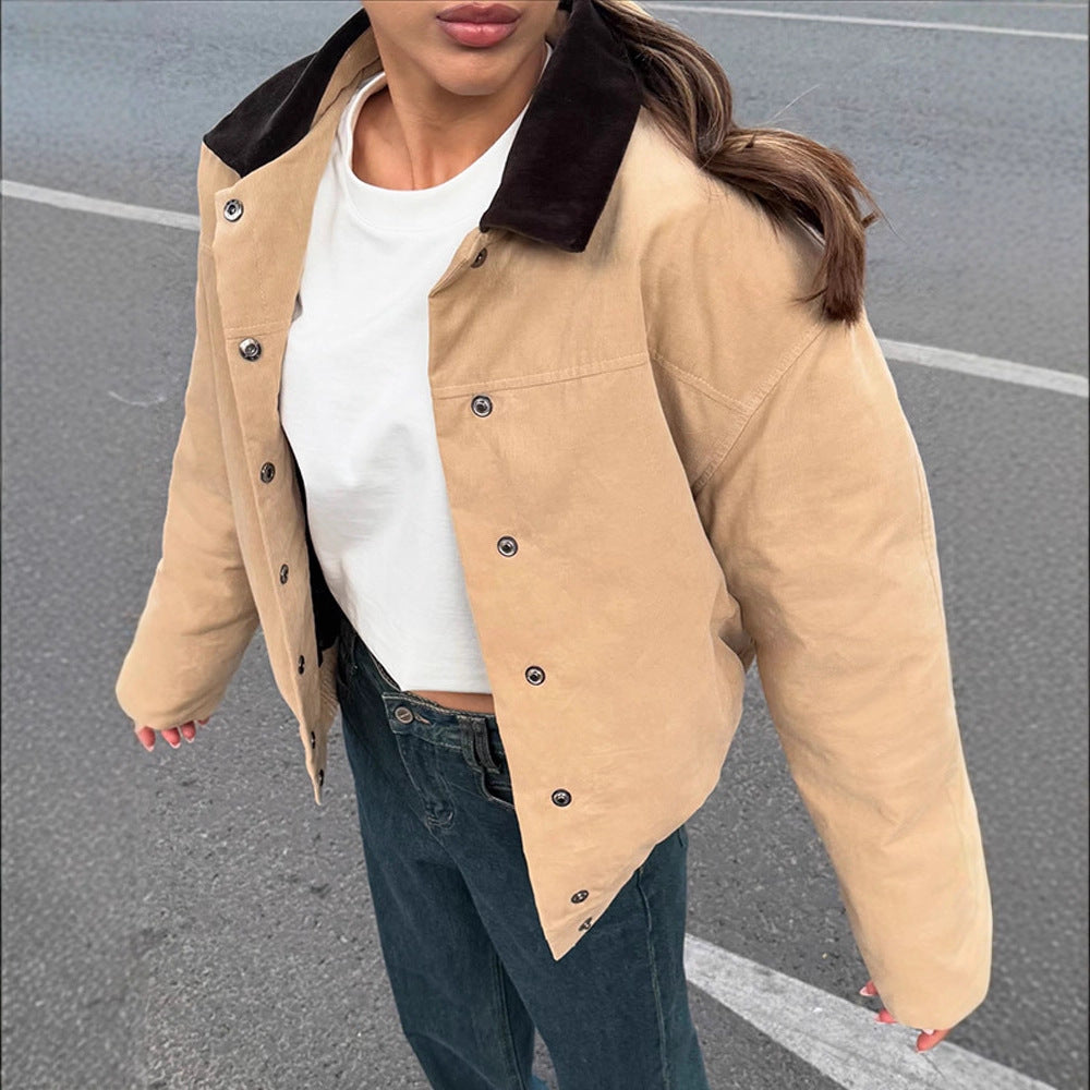 Damen Kurzer Cord-Workwear-Blouson mit Kontrastkragen Nord Taschen