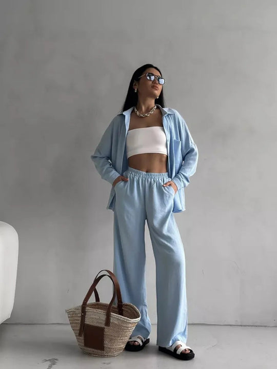 Damen Zweiteiliges Lounge-Set Oversize-Bluse mit Brusttasche und weiter Palazzo-Hose Nord Taschen