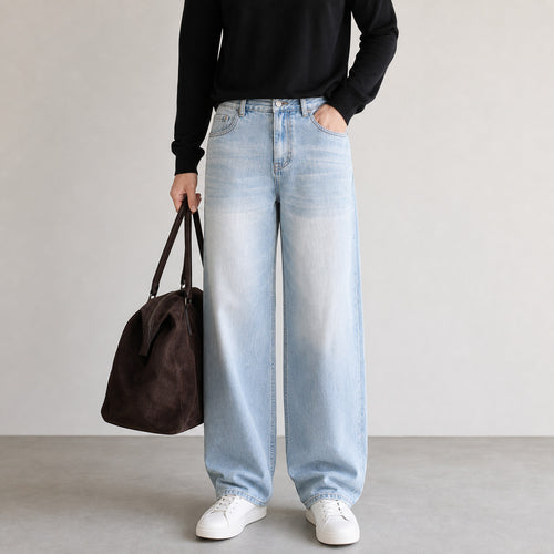 Damen Weite High-Waist-Denimhose mit weitem Bein und Vintage-Waschung Nord Taschen