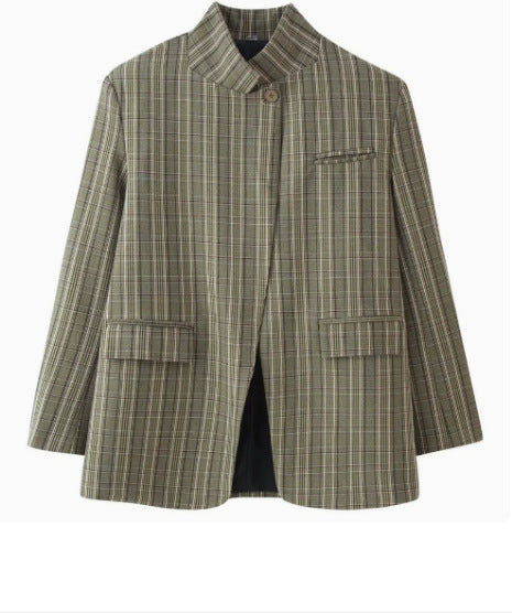 Damen 60+ karierter Mantelblazer mit Mandarinkragen, asymmetrischer Überlappung und Pattentaschen Nord Taschen