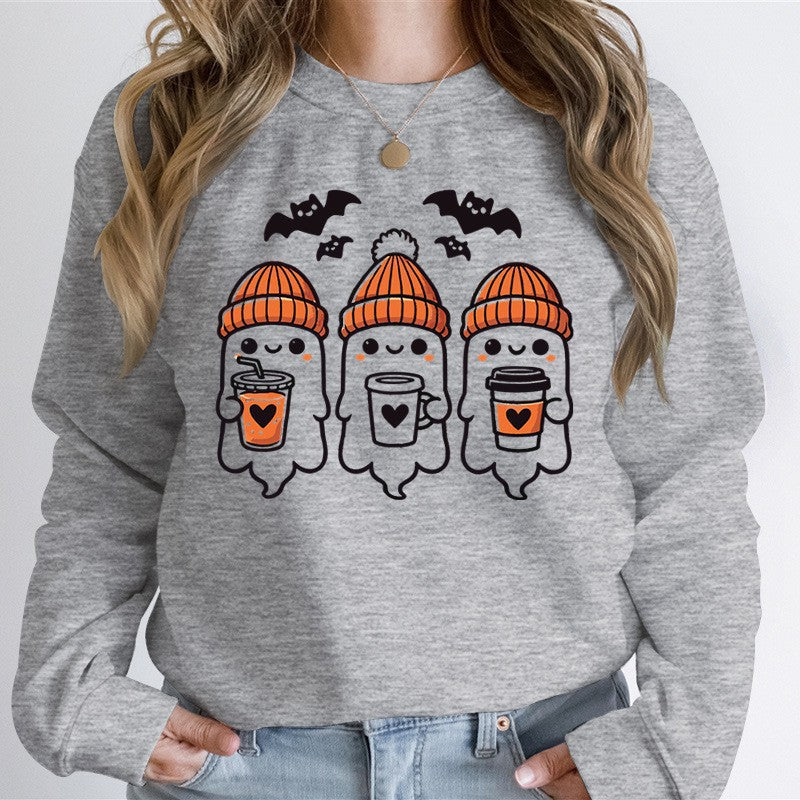 Damen gemütlicher Halloween Grafikpullover mit niedlichen Geist-Motiven, Rundhalsausschnitt und weichem Baumwollmix Nord Taschen