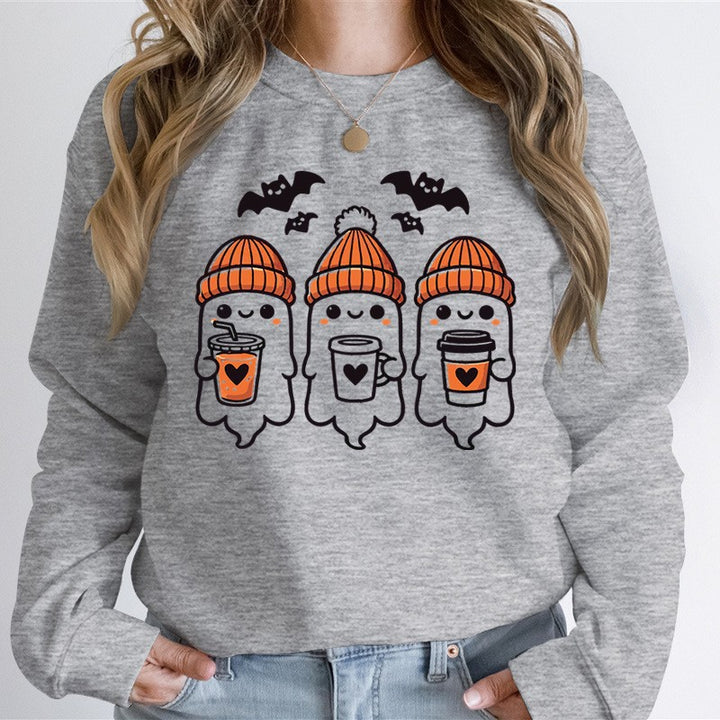 Damen gemütlicher Halloween Grafikpullover mit niedlichen Geist-Motiven, Rundhalsausschnitt und weichem Baumwollmix Nord Taschen