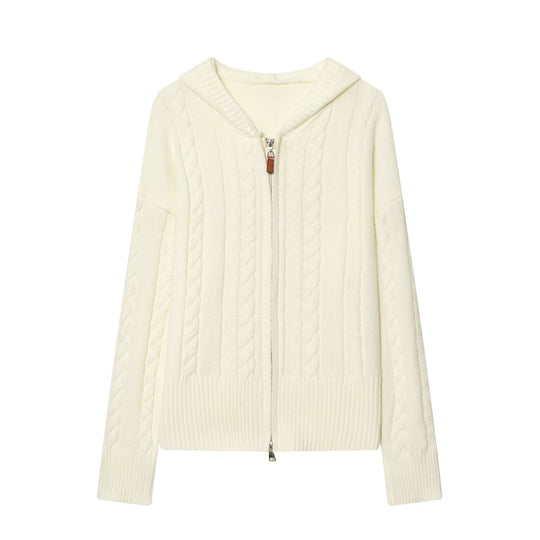 Damen Kapuzenstrickjacke mit Zopfstrickmuster und Metallreißverschluss Nord Taschen