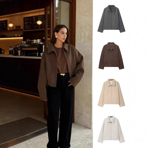 Damen Boxy Wollmix-Blousonjacke mit Reißverschluss und Hemdkragen Nord Taschen