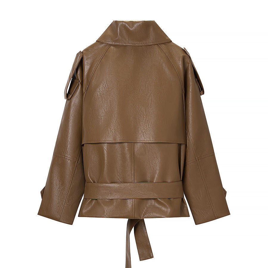 Damen Kurze Doppelreiher Kunstleder-Trenchjacke mit Taillengürtel Nord Taschen