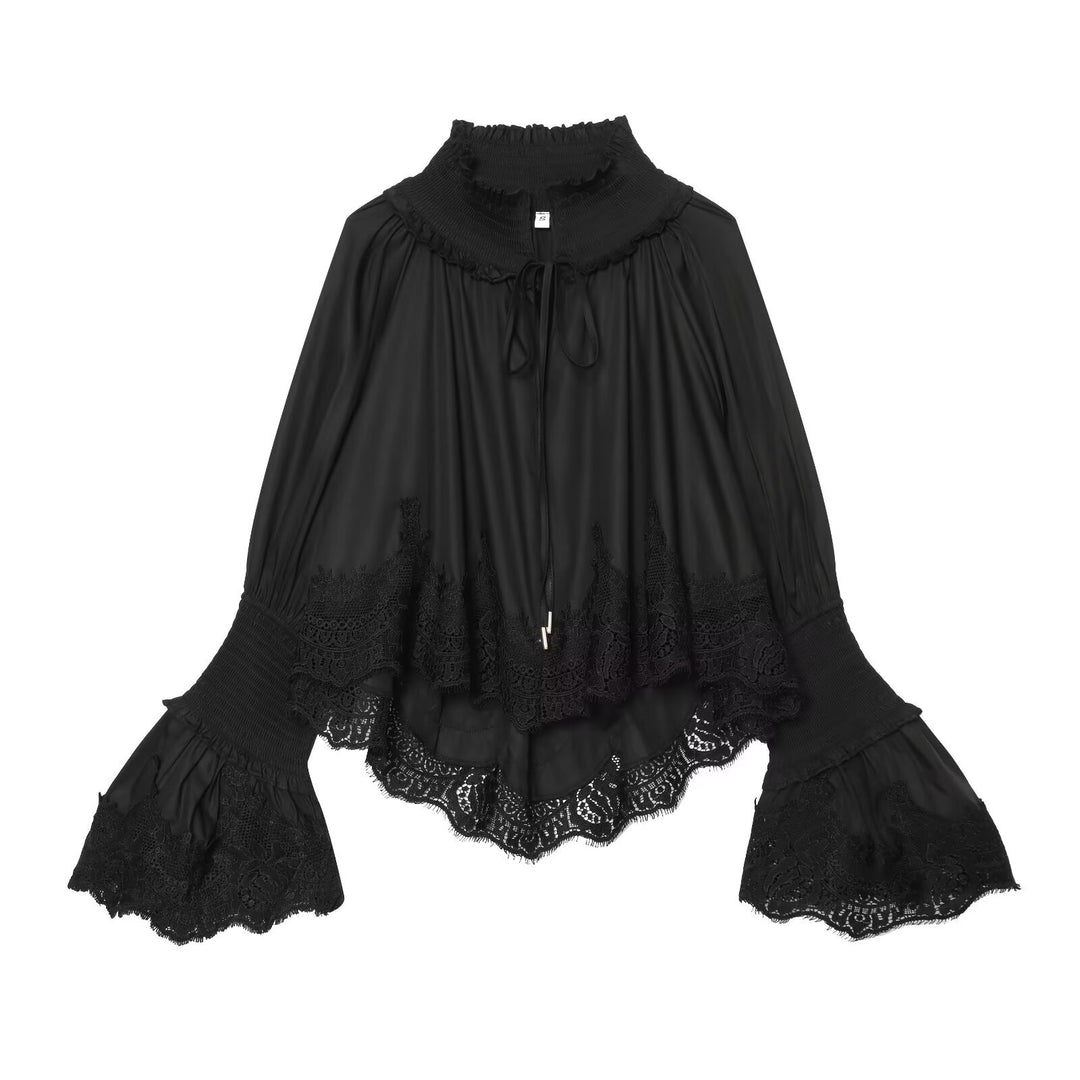 Damen Bluse mit hohem Rüschenkragen, geschmückten Manschetten und Spitzenbordüre Nord Taschen