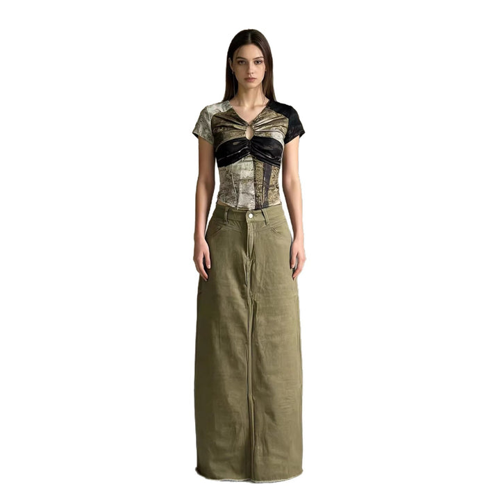 Damen langer High-Waist Denim-Maxirock mit gerader Silhouette und rohem Saum Nord Taschen