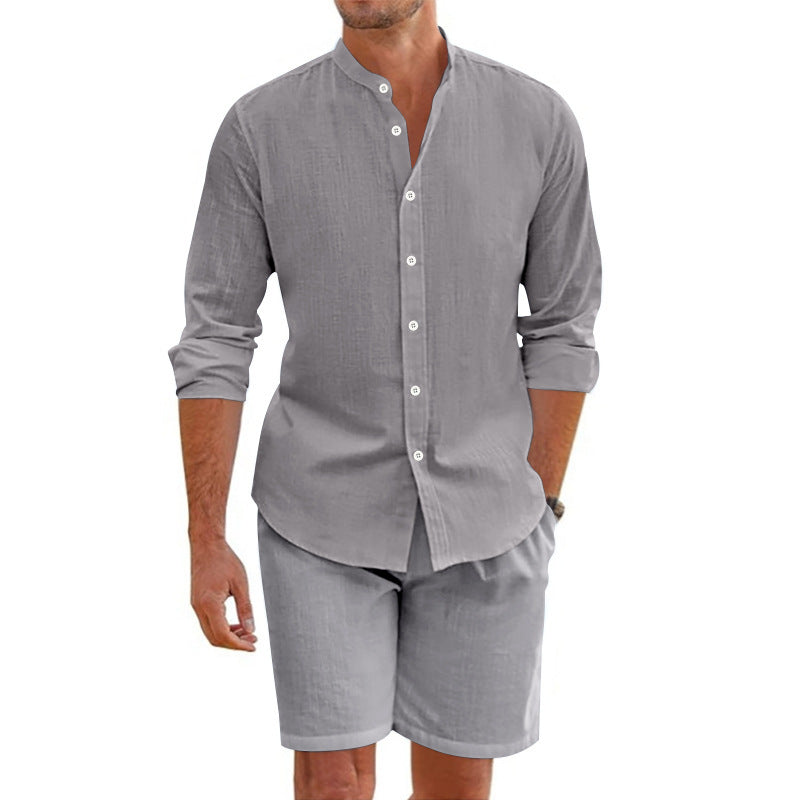 Herren lässiges Outfit-Set mit modernem Henley-Hemd und Shorts