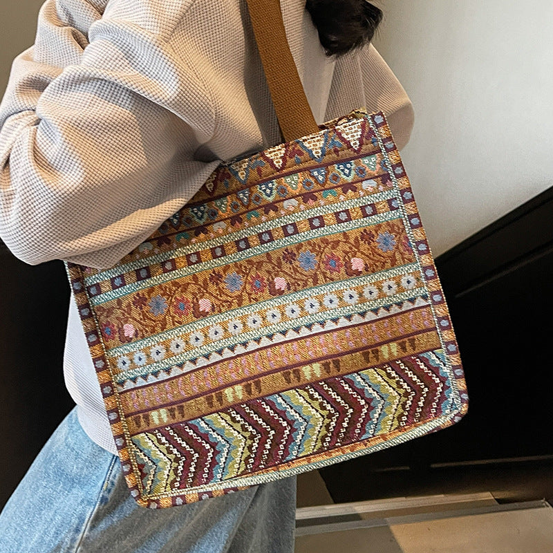 Damen Trendige Jute-Tasche mit buntem Ethnomuster Nord Taschen