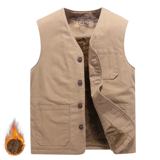 Herren Robuste Thermo-Canvas‑Weste mit wärmendem Teddyfutter und Knopfverschluss Nord Taschen