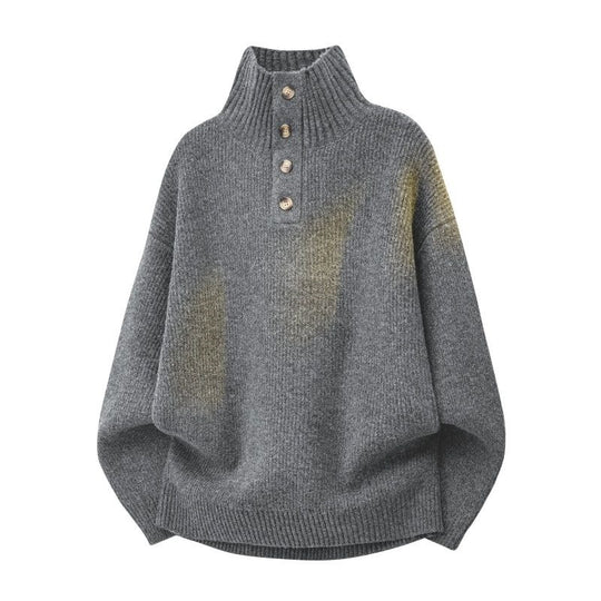Damen Oversize Grobstrick-Pullover mit Knopfleiste am Stehkragen und Raglanärmeln Nord Taschen
