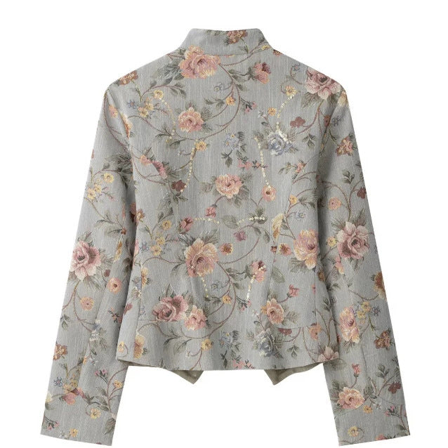 Damen Kurze Jacquard‑Blousonjacke mit Stehkragen, floraler Jacquard‑Stickerei und Pattentaschen Nord Taschen