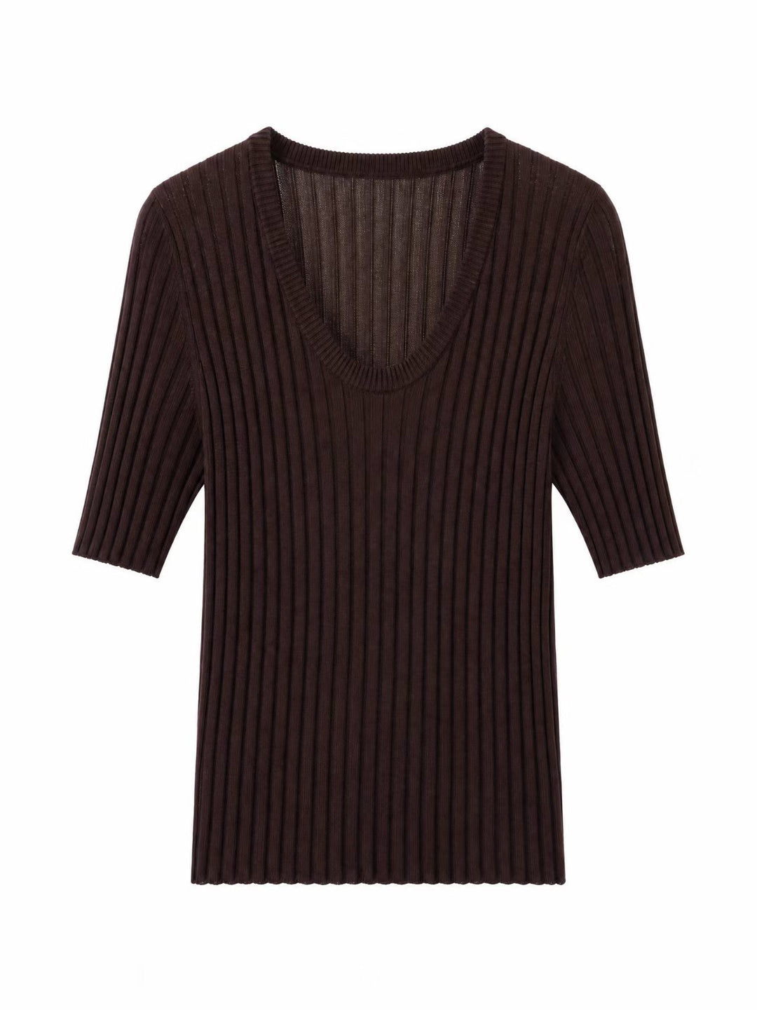 Damen Geripptes Feinstrickshirt mit tiefem U-Ausschnitt und halblangen Ärmeln Nord Taschen