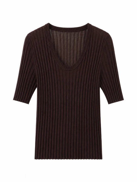 Damen Geripptes Feinstrickshirt mit tiefem U-Ausschnitt und halblangen Ärmeln Nord Taschen