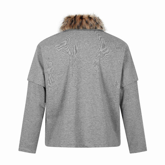 Damen Layered-Optik Langarm-Polo mit Kunstfellkragen und Wappenstickerei Nord Taschen