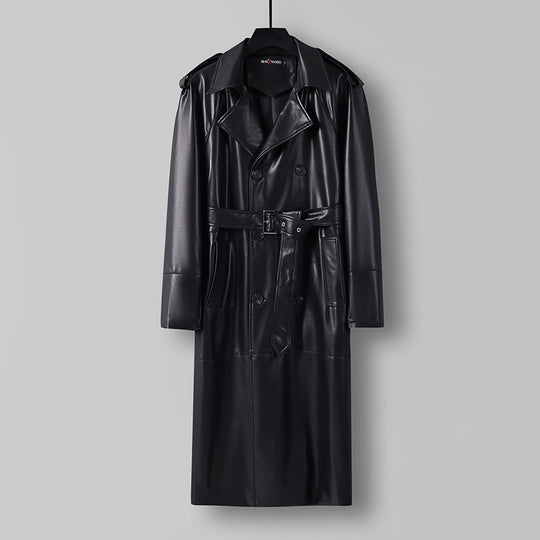 Herren Langer Kunstleder-Trenchcoat mit Doppelreiher, Taillengürtel und Schulterklappen Nord Taschen