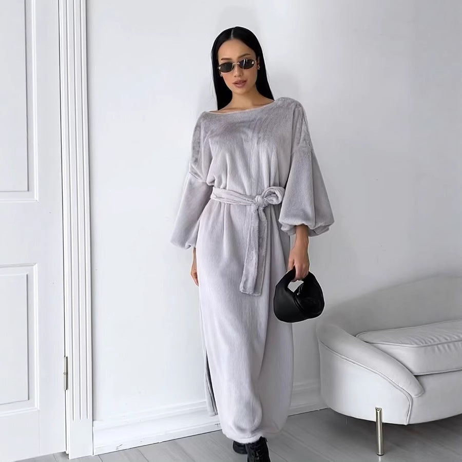 Damen Kuschel-Midikleid mit Bindegürtel und Ballonärmeln Nord Taschen