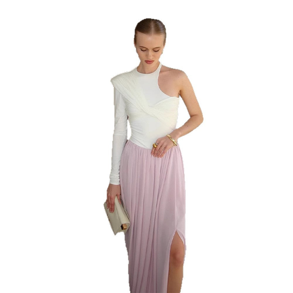 Damen Asymmetrisches One-Shoulder Maxikleid mit drapiertem Oberteil, langem Plissee‑Rock und Beinschlitz Nord Taschen