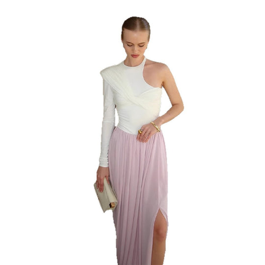 Damen Asymmetrisches One-Shoulder Maxikleid mit drapiertem Oberteil, langem Plissee‑Rock und Beinschlitz Nord Taschen