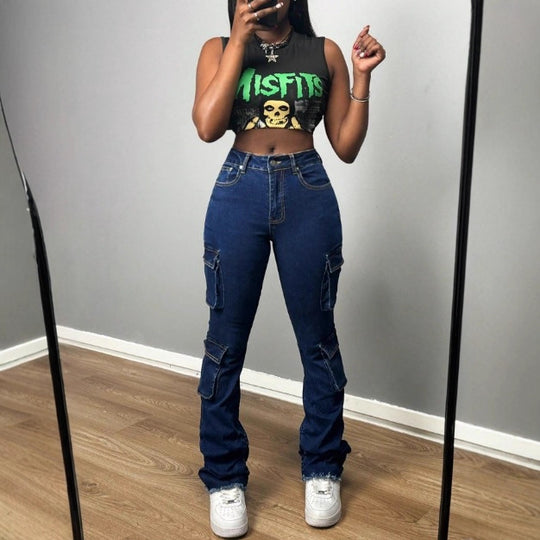 Damen Hochtaillierte Cargo-Jeans mit Mehrfach-Pattentaschen & ausgestelltem Saum Nord Taschen
