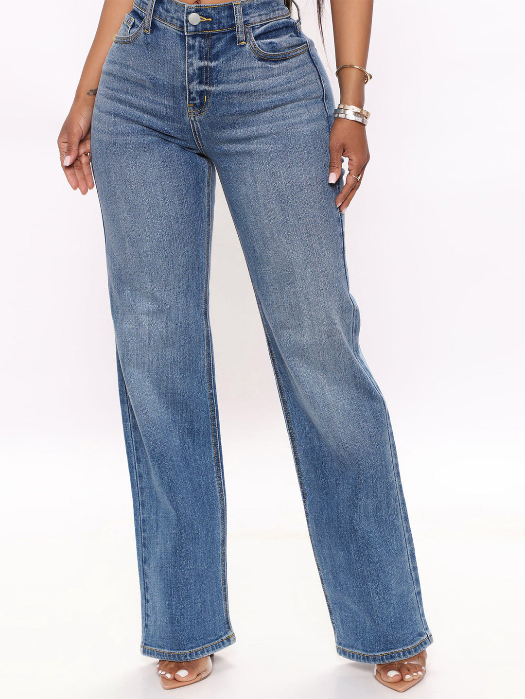 Damen Hochtaillierte Gerade‑Bein-Jeans im Retro‑Stil mit weitem Saum und Fünf‑Taschen‑Design Nord Taschen