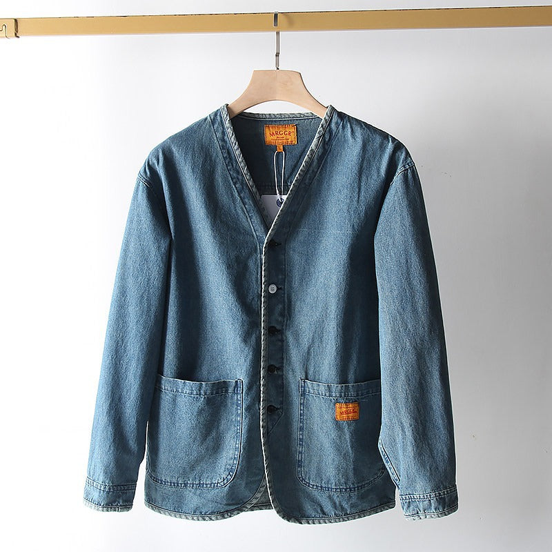 Herren Leichtes Jeans-Sakko im Overshirt-Stil mit V‑Ausschnitt und aufgesetzten Taschen Nord Taschen