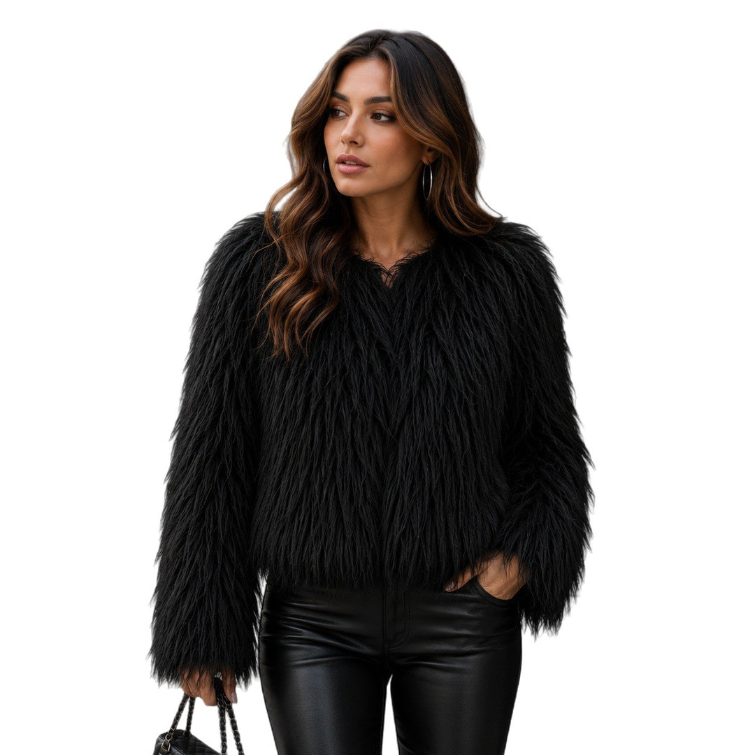 Damen Kurz geschnittene Shaggy‑Kunstpelzjacke mit rundem Ausschnitt, extraweichem Langhaar und legerer Passform Nord Taschen