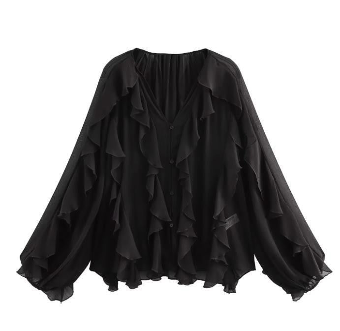 Damen Rüschenbluse mit weitem Schnitt und ballonartigen Ärmeln