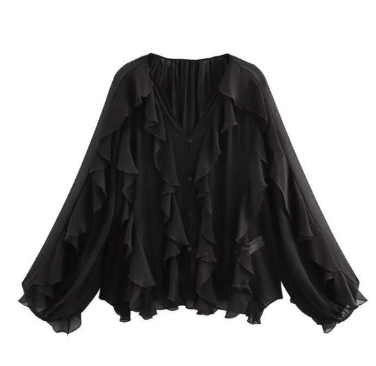 Damen Rüschenbluse mit weitem Schnitt und ballonartigen Ärmeln