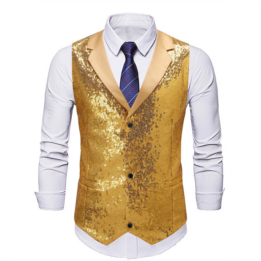 Herren Glänzende Pailletten‑Weste mit Satin‑Revers und taillierter Silhouette Nord Taschen