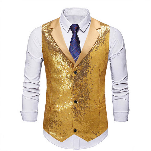 Herren Glänzende Pailletten‑Weste mit Satin‑Revers und taillierter Silhouette Nord Taschen