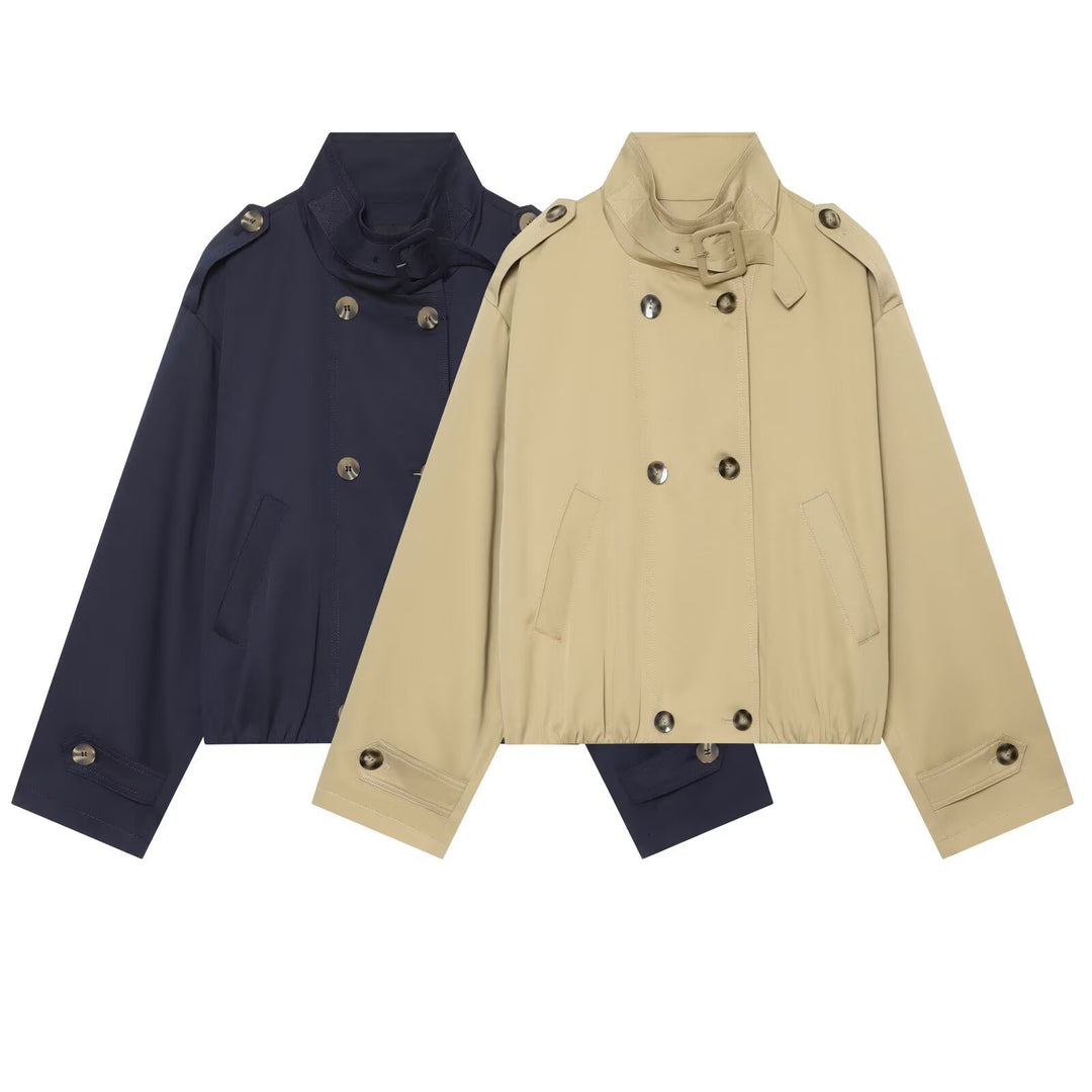 Damen Kurz geschnittene doppelte Knopfleiste Trench-Bomberjacke mit Stehkragen, Riegel und elastischem Saum Nord Taschen