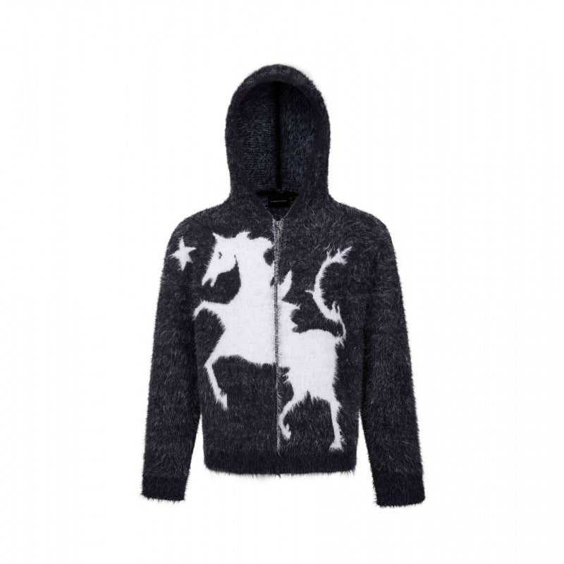 Unisex Flauschiger Kapuzenpullover mit Einhorn-Motiv und durchgehendem Reißverschluss Nord Taschen