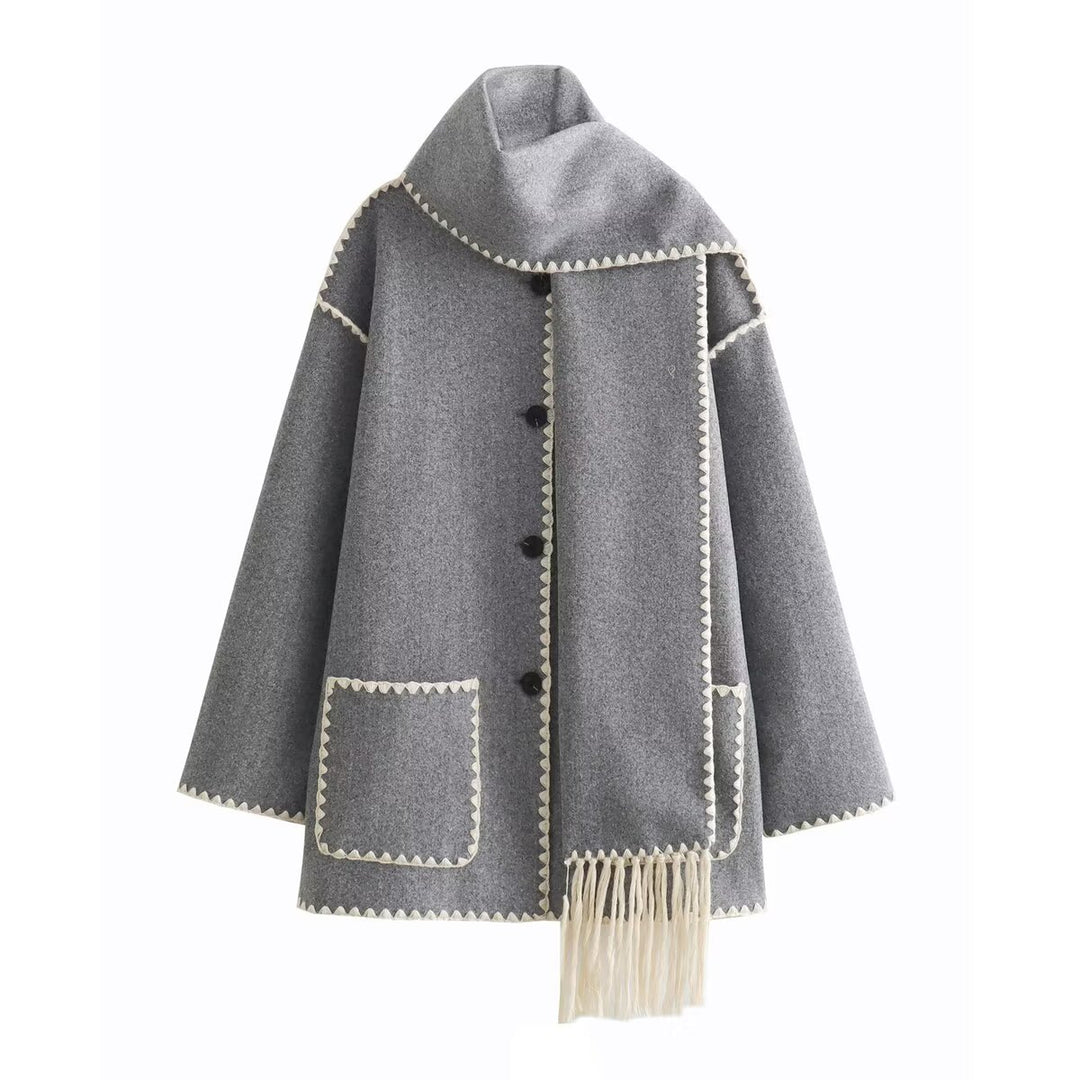 Damen Kurze Capejacke im Vintage-Stil mit übergroßem Schalkragen, kontrastierender Zierkante und Fransenbesatz Nord Taschen