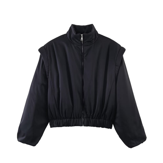 Damen Cropped Blousonjacke mit hohem Stehkragen, elastischem Saum und voluminösen Ärmeln Nord Taschen
