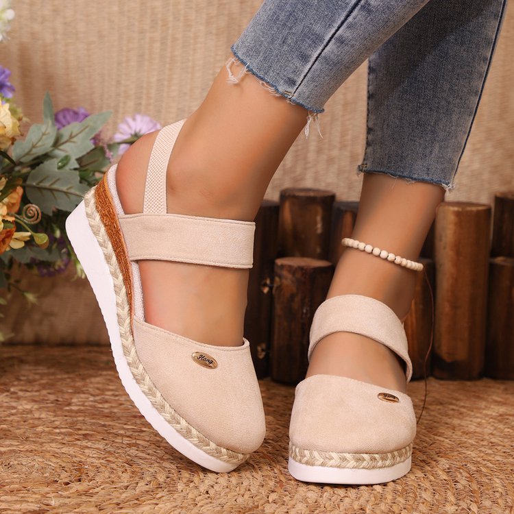 Damen  Espadrille-Keilpantoletten mit elastischem Fersenriemen, Veloursoptik-Obermaterial und geflochtenem Jute-Plateau Nord Taschen