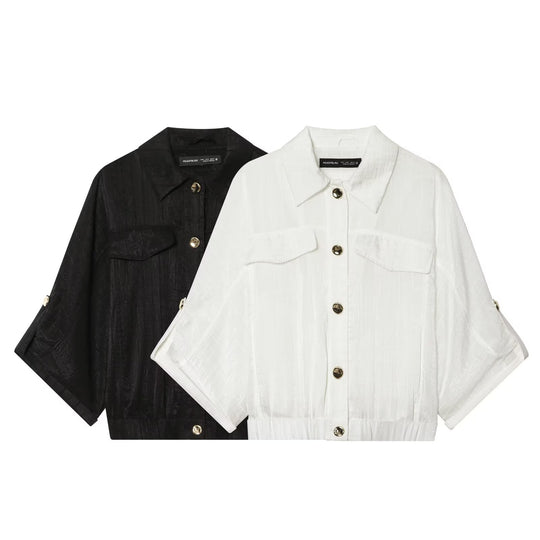 Damen Cropped-Hemdenbluse mit Fledermausärmeln, Brusttaschen und elastischem Taillenbund Nord Taschen