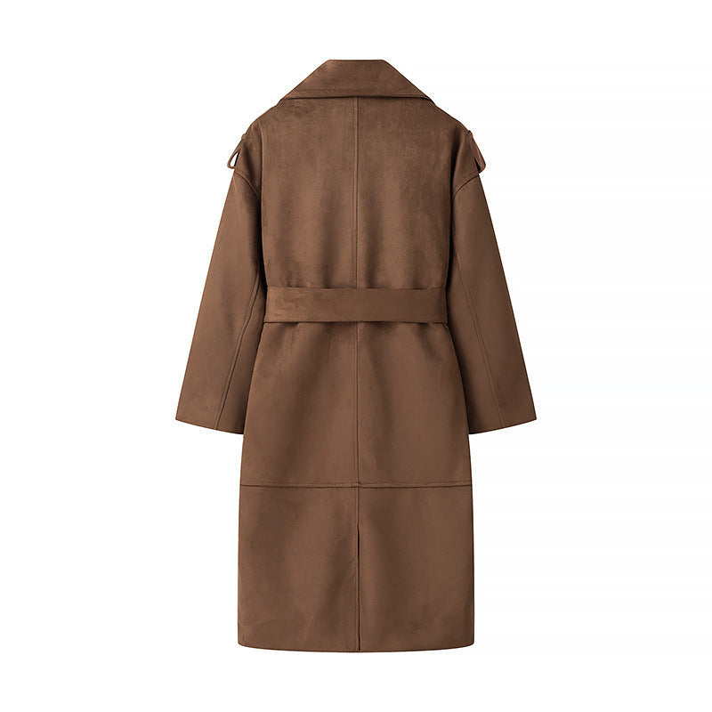 Damen Langer Oversize-Veloursleder-Trenchcoat mit Bindegürtel und Schulterriegeln Nord Taschen
