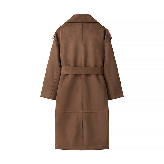 Damen Langer Oversize-Veloursleder-Trenchcoat mit Bindegürtel und Schulterriegeln Nord Taschen